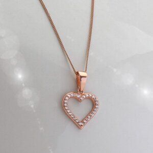 Sparkling Rose Gold CZ Heart Curb Chain Necklace, Delicate Summer Heart Charm